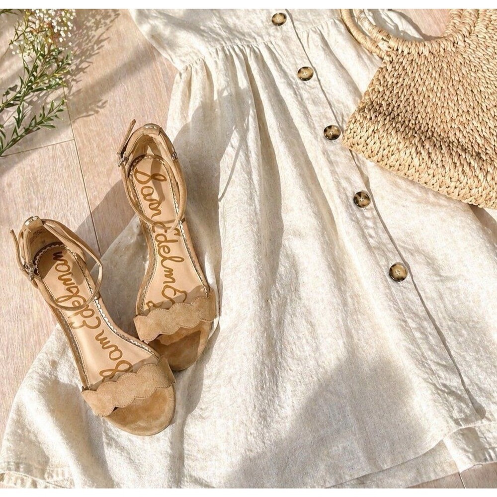 Sam Edelman Block Heel Sandals Tan Suede Ankle Strap Scalloped Dress Heel 7.5